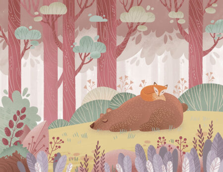 Kindertapete mit Bär und Fuchs, die im bunten Wald schlafen