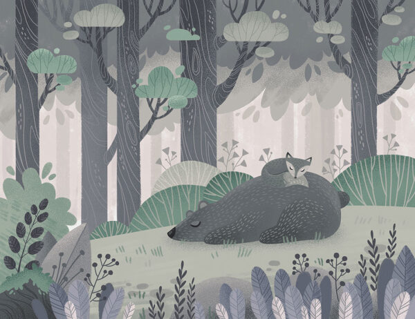 Kindertapete mit Bär und Fuchs, die im grauen Wald schlafen