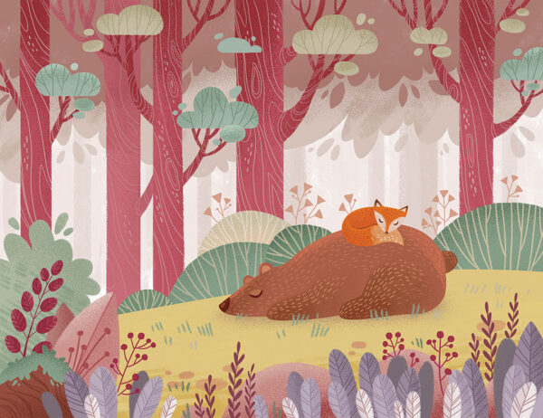 Kindertapete mit Bär und Fuchs, die im hellen Wald schlafen