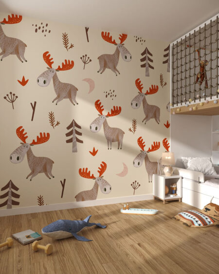 Kindertapete mit Elch und Waldillustrationen Muster für das Kinderzimmer