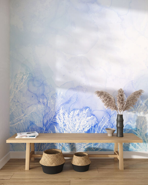 Fototapete Aquarell Blumen blau auf hellem Hintergrund im Wohnzimmer