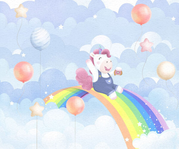 Kindertapete Einhorn mit Donut auf Regenbogen in Wolken mit Luftballons