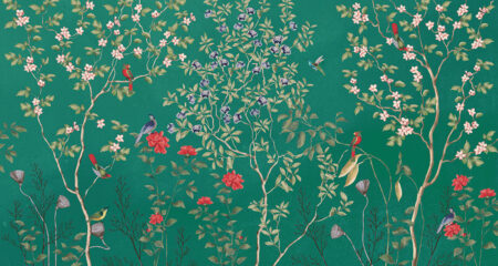 Chinoiserie Natur Fototapete mit Ästen, Blumen und Vögeln auf grünem Hintergrund