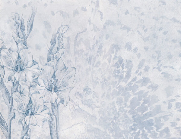 Fototapete mit gravierten Gladiolen auf graublauem Hintergrund