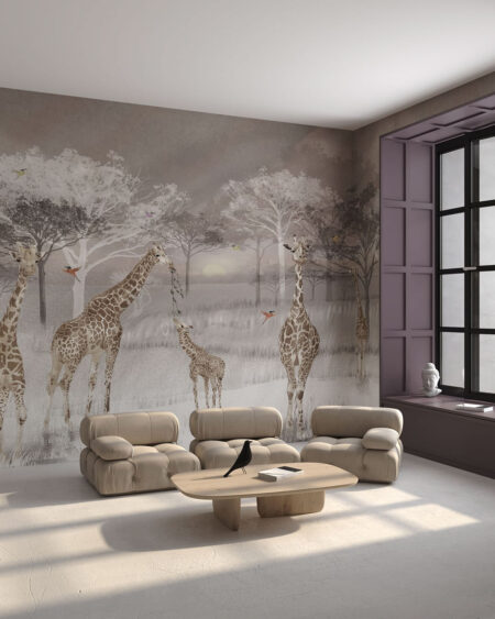 Designer Fototapete mit Afrika Giraffen und Vögeln im Wohnzimmer