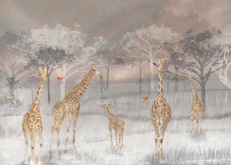 Afrikanische Tropen Fototapete mit bunten Giraffen und Kolibris
