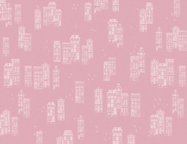 Fototapete mit hohen grafischen Häusern auf rosa Hintergrund