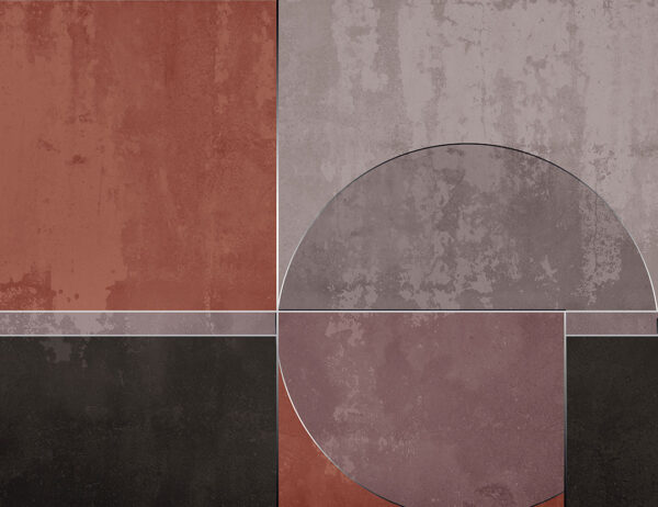 Tapete Geometrie eines Kreises und rechteckiger Formen in den Farben Grau, Rot und Braun