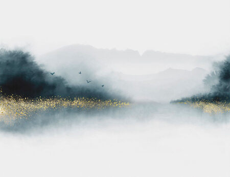 Aquarell dunkler Wald über dem See mit Goldstaub Natur Fototapeten