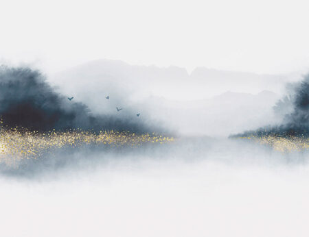 Aquarell grauer Wald über dem See mit Goldstaub Natur Fototapeten
