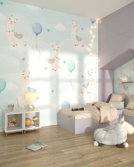 Fototapete fliegende Lamas mit einem Luftballon in den Wolken im Kinderzimmer