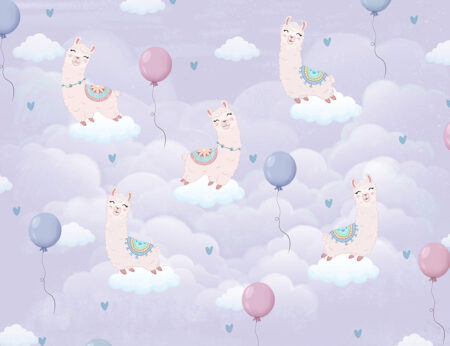 Fröhliche Lamas zwischen lila Wolken gemusterte Kinder-Fototapete