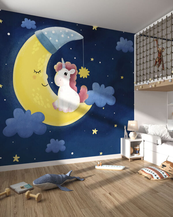 Fototapete mit einem Einhorn auf dem Mond am Nachthimmel für ein Kinderzimmer
