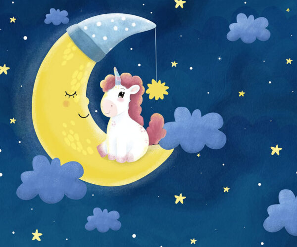 Kindertapete mit einem Einhorn auf dem Mond am Nachthimmel