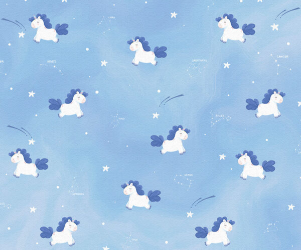 Kindertapete Muster mit Einhörnern und Sternbilder auf blauem Hintergrund