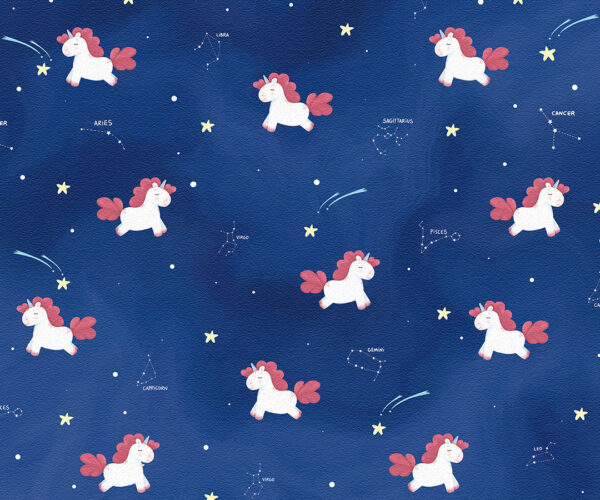 Kindertapete Muster mit Einhörnern und Sternbilder auf dunkelblauem Hintergrund