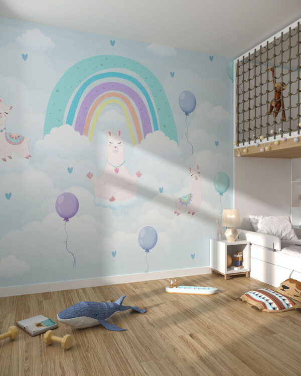 Fototapete Regenbogen mit Lamas und Luftballons im Kinderzimmer