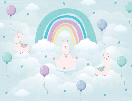 Kindertapete Regenbogen mit Lamas und Luftballons auf helltürkisem Wolken