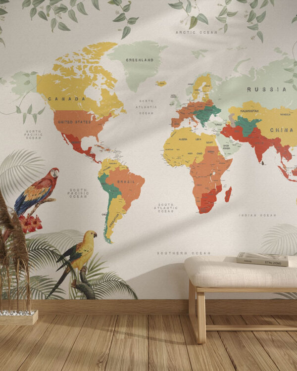 Designer-Fototapeten Weltkarte Papageien Tropen im Wohnzimmer