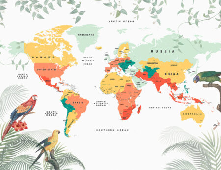 Designer Fototapeten bunte Weltkarte Papageien Tropen