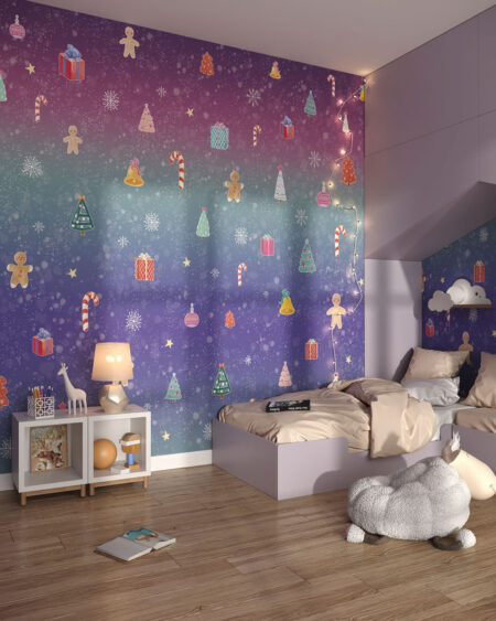 Fototapete Weihnachten Muster mit Feiertagsattributen und Schneeflocken für ein Kinderzimmer