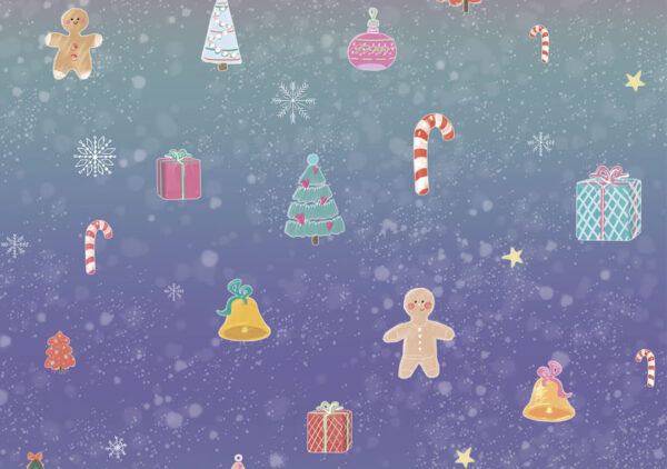 Fototapete Weihnachten Muster mit Feiertagsattributen und Schneeflocken auf lila Hintergrund für Kinder