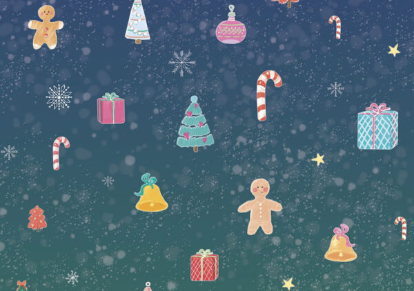 Fototapete Weihnachten Muster mit Feiertagsattributen und Schneeflocken auf grünem Hintergrund für Kinder