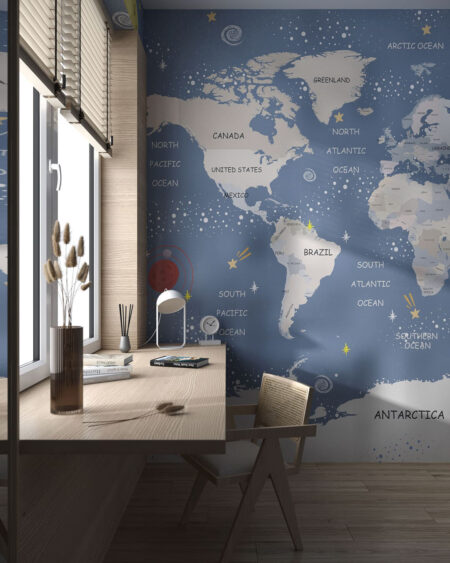 Fototapete Weltkarte im Stil des Weltraums für ein Kinderzimmer