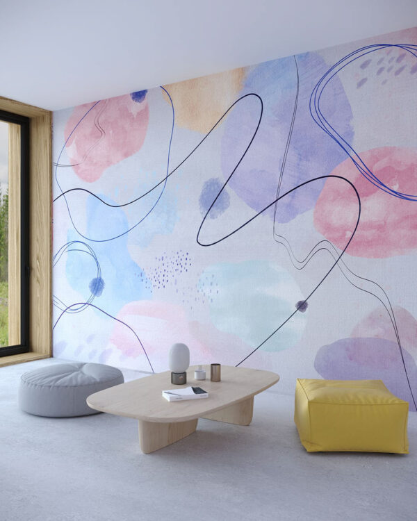 Fototapete Kunst mit geschwungenen Linien auf buntem Hintergrund für das Wohnzimmer