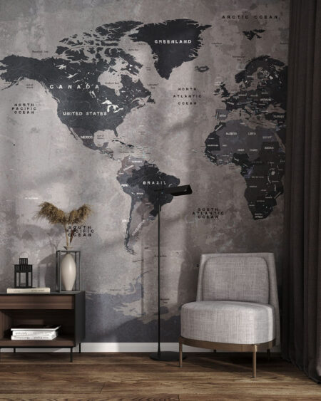 Designer Fototapete Weltkarte auf Graphithintergrund für das Schlafzimmer