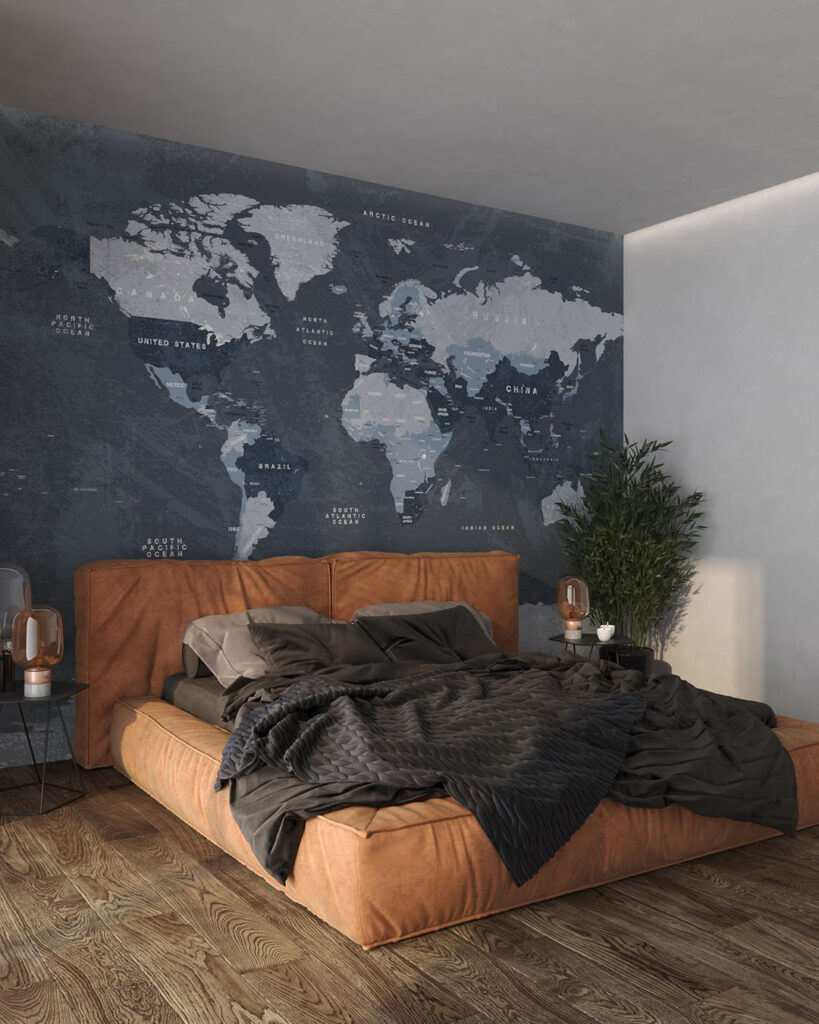 Fototapete Design Weltkarte auf grauem Hintergrund im Schlafzimmer