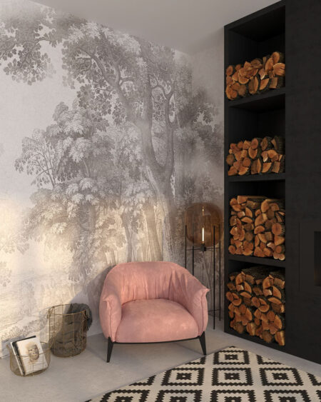 Designer-Fototapeten mit einem gemalten Wald im Schlafzimmer