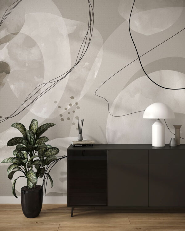 Designer-Fototapeten mit Linien auf abstrakten Formen im Wohnzimmer