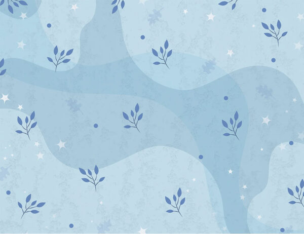 Tapete mit minimalistischen Blättern und Sternen auf blauem Hintergrund