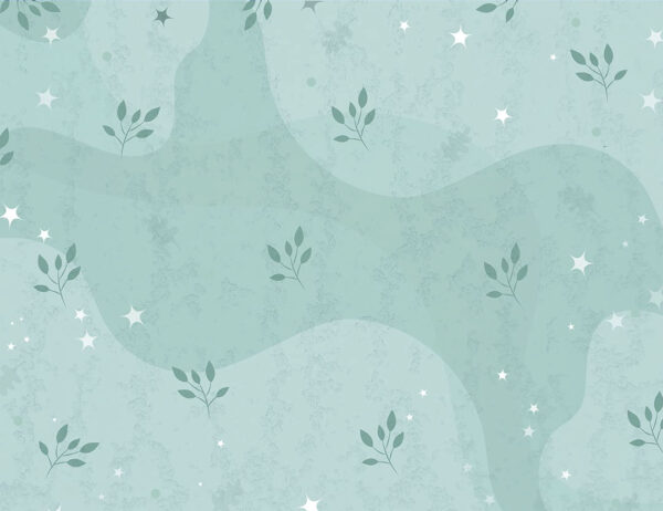 Tapete mit minimalistischen Blättern und Sternen auf grünem Hintergrund