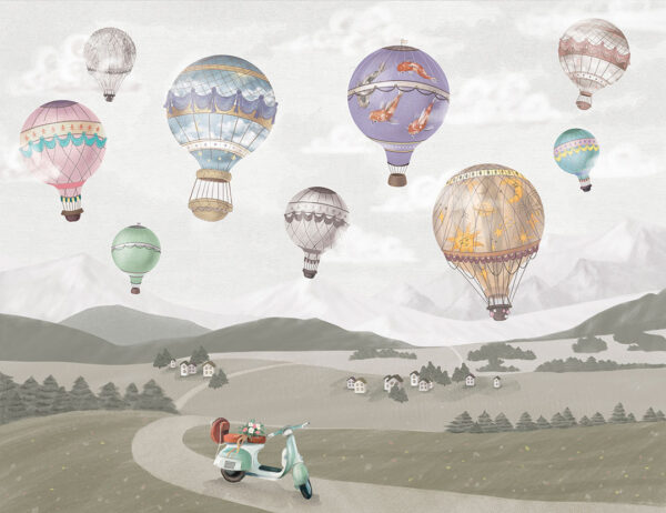 Fototapete Designer heißluftballon über einer ländlichen Landschaft mit einem Moped in Grüntönen