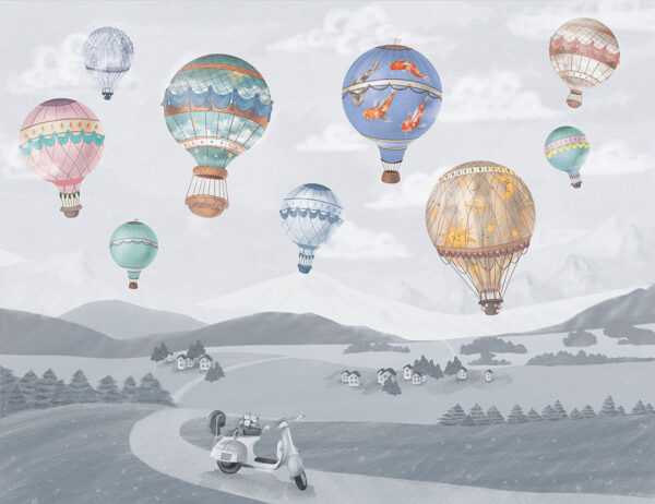 Fototapete Designer heißluftballon über ländlicher Landschaft mit Moped in Grautöne