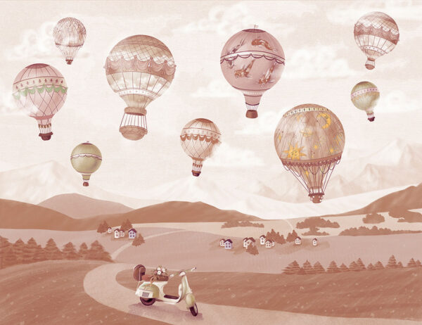 Fototapete Designer heißluftballon über einer ländlichen Landschaft mit einem Moped in Brauntönen