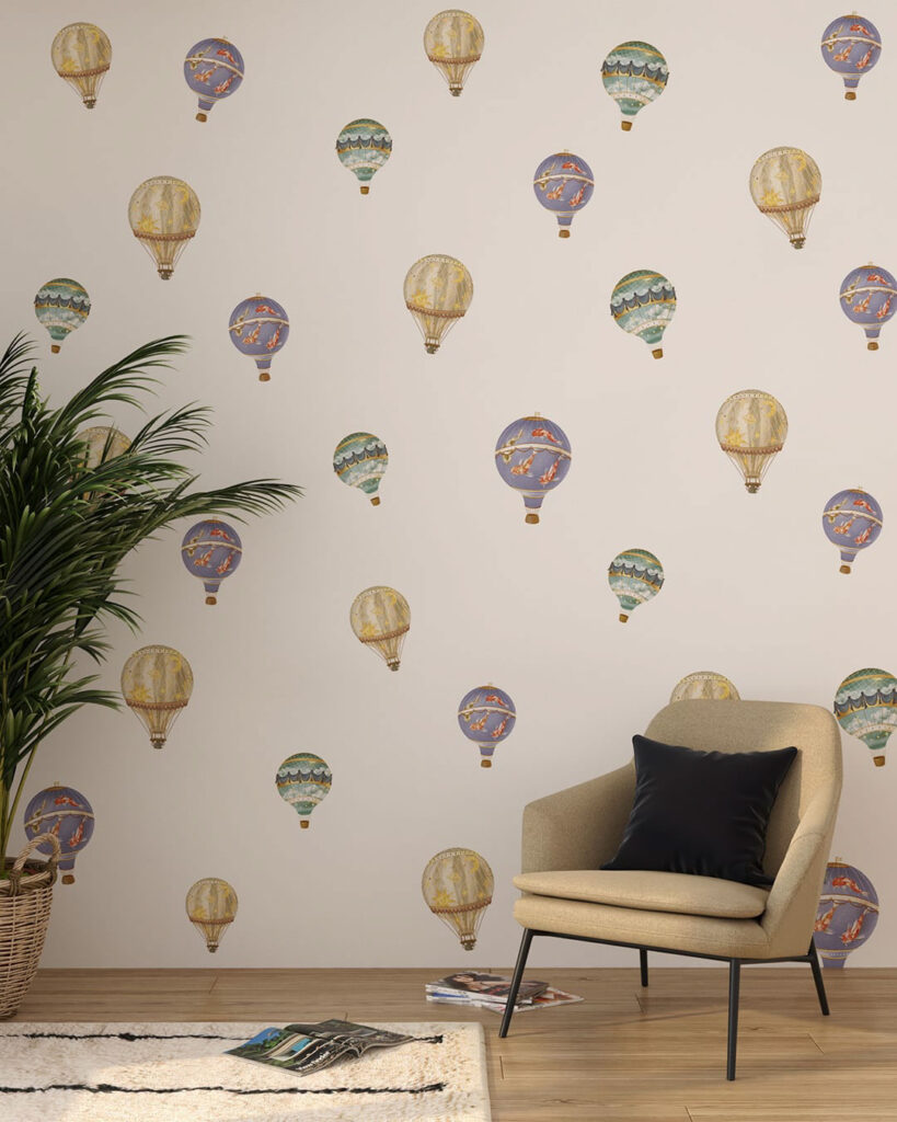 Fototapete Muster mit Designer heißluftballon auf weißem Hintergrund für das Wohnzimmer