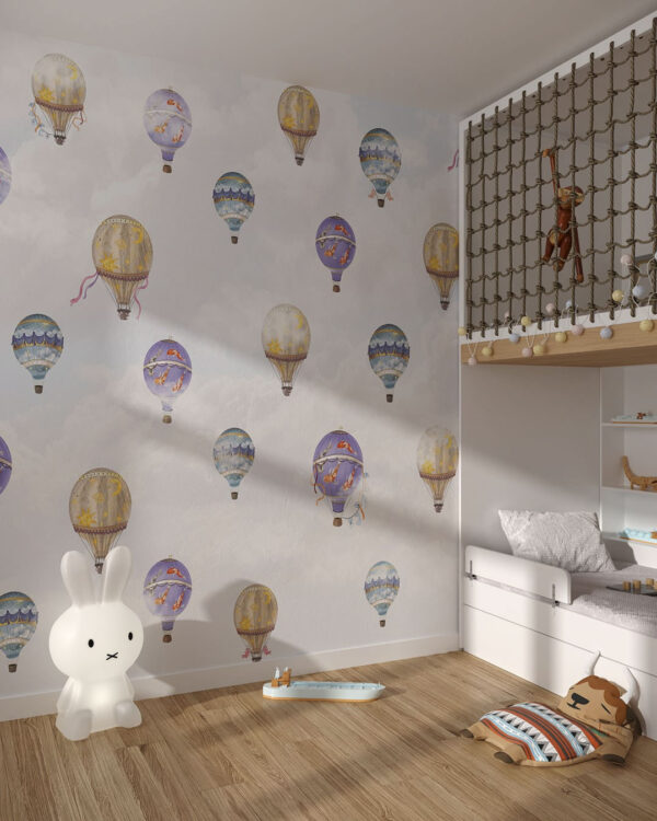 Fototapete mit Designer heißluftballon mit Bändern für das Kinderzimmer