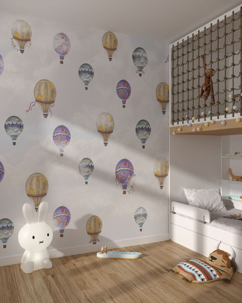 Fototapete mit Designer heißluftballon mit Bändern für das Kinderzimmer