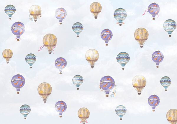 Kindertapete mit Designer heißluftballon mit Bändern auf dem Hintergrund von Wolken