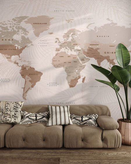 Fototapete Weltkarte auf dem Hintergrund von palmenblätter im Wohnzimmer