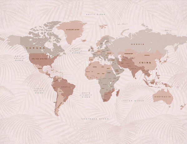 Fototapete Weltkarte in Beigetönen auf einem Hintergrund von palmenblätter