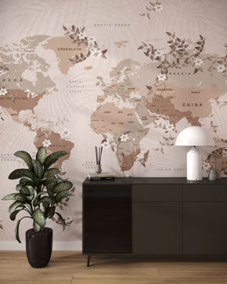 Fototapete Weltkarte mit tropischen Blumen im Wohnzimmer