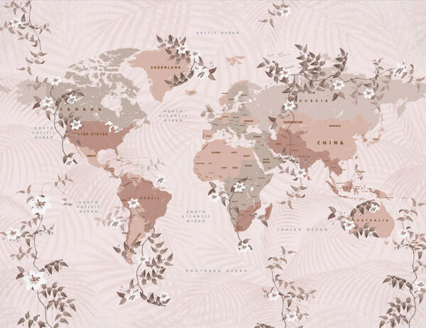 Fototapete Weltkarte in Beigetönen mit tropischen Blumen auf einem Hintergrund von palmenblätter