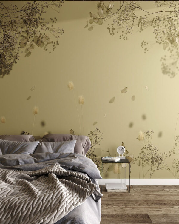 Designer Tapeten 3d mit Trockenblumen für das Schlafzimmer