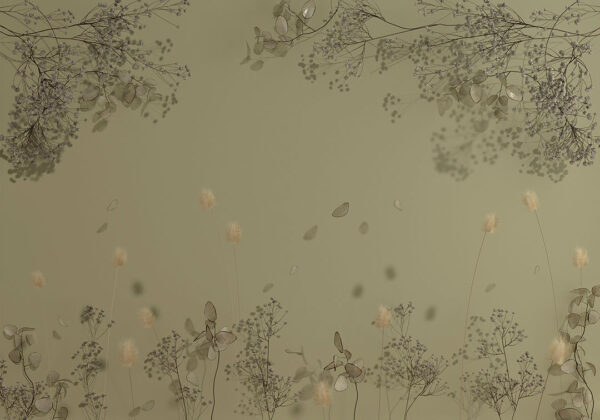 Designer Tapeten 3d mit Trockenblumen auf olivgrünem Hintergrund
