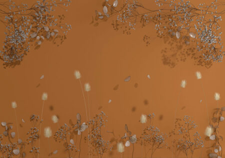 3D-Fototapete mit zarten Trockenblumen auf orangefarbenem Hintergrund