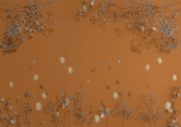 Designer Tapeten 3d mit Trockenblumen auf braun-orangem Hintergrund